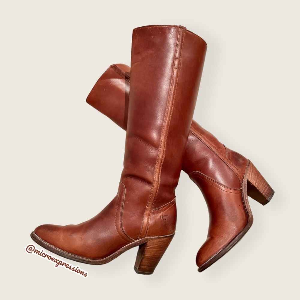 VINTAGE 1960’s Frye Real Leather Cognac Black Label Knee High Tall Heeled Boot - Picture 8 of 14